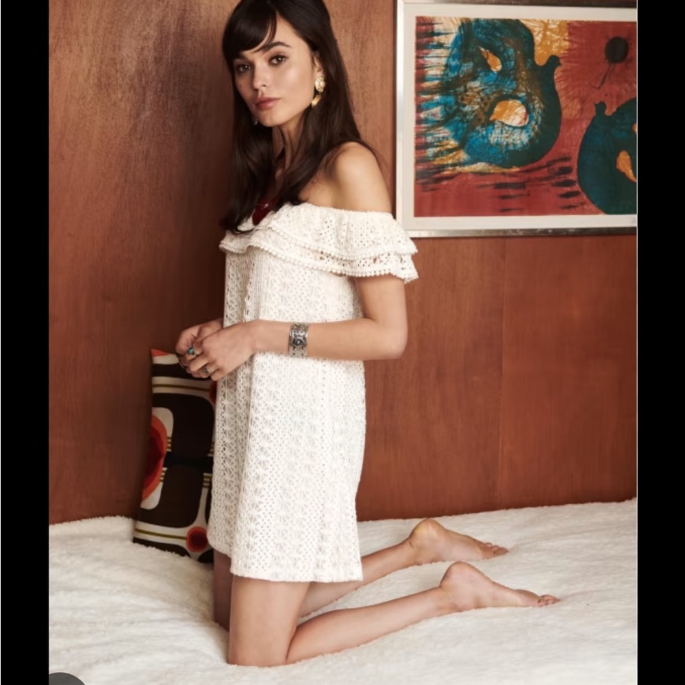 Sezane Off-Shoulder Crochet Mini Dress in Cream